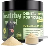 Healthy Woof dental powder bottle ready to dispense for at-home dental care.
