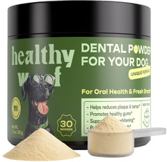 Healthy Woof dental powder bottle ready to dispense for at-home dental care.