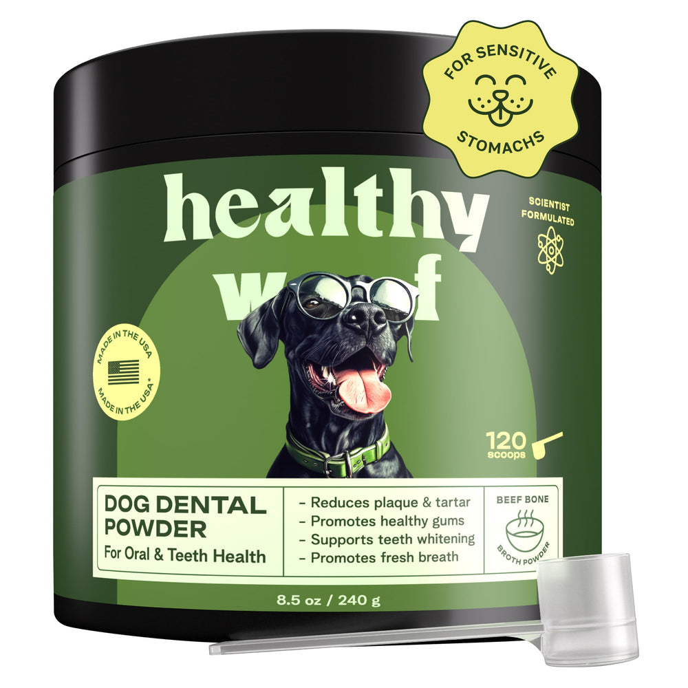 Healthy Woof dental powder tsp-dispense makes daily sprinkling easy for fresher breath.