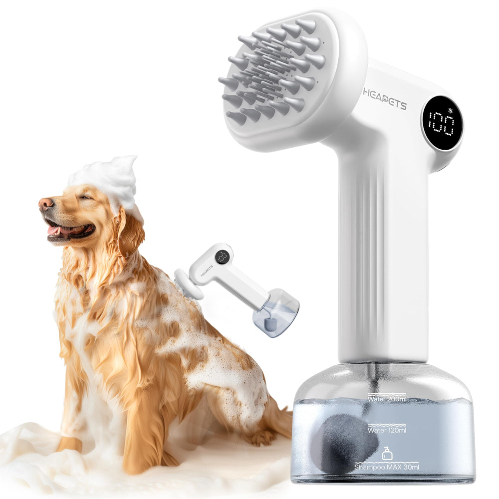 HEAPETS electric dog shampoo dispenser applying foam evenly for quick baths.