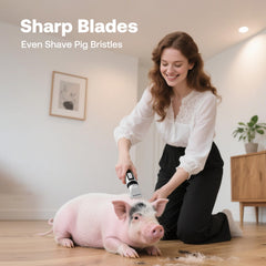 HEAPETS low-noise grooming image highlights quiet operation for anxious dogs.