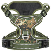 HEELE dog harness camo green close-up showing adjustable chest belt for a snug fit.