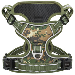 HEELE dog harness camo green close-up showing adjustable chest belt for a snug fit.