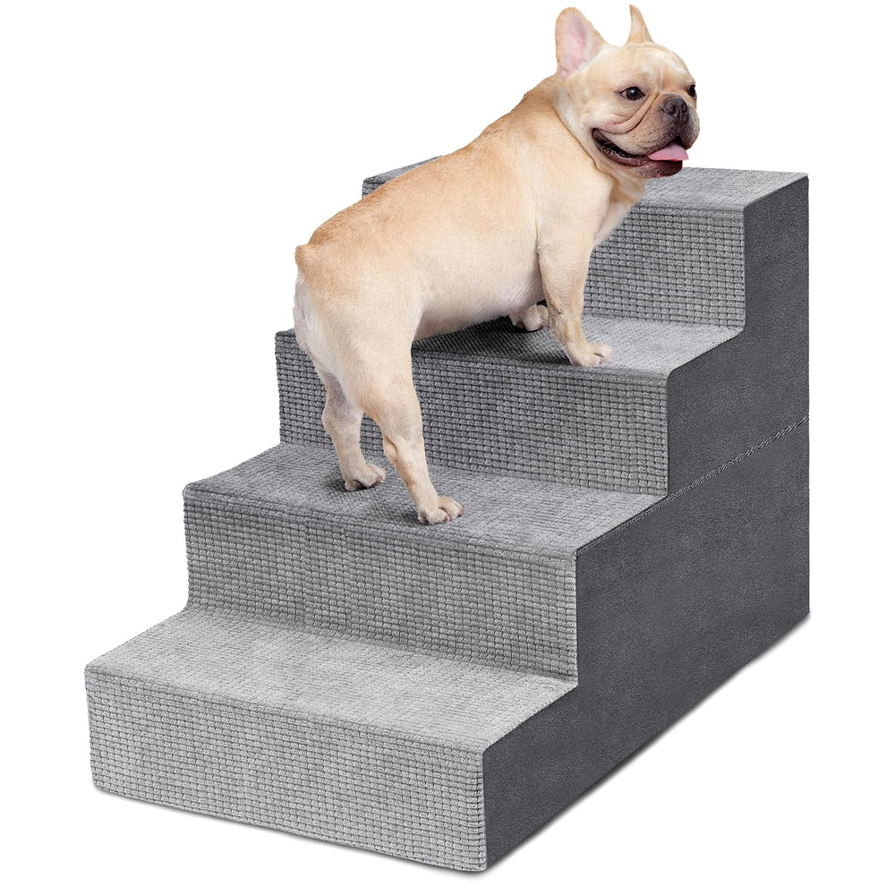 Heeyoo 4-step dog stairs side view shows sturdy 18-inch grey design for safe bed access.