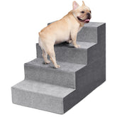 Heeyoo 4-step dog stairs side view shows sturdy 18-inch grey design for safe bed access.