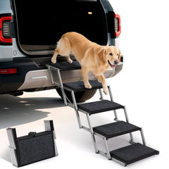 Heeyoo dog steps folded for compact trunk storage and easy transport.