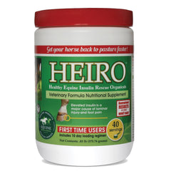 Heiro 40 Servings tub showcases an equine supplement for metabolic health support