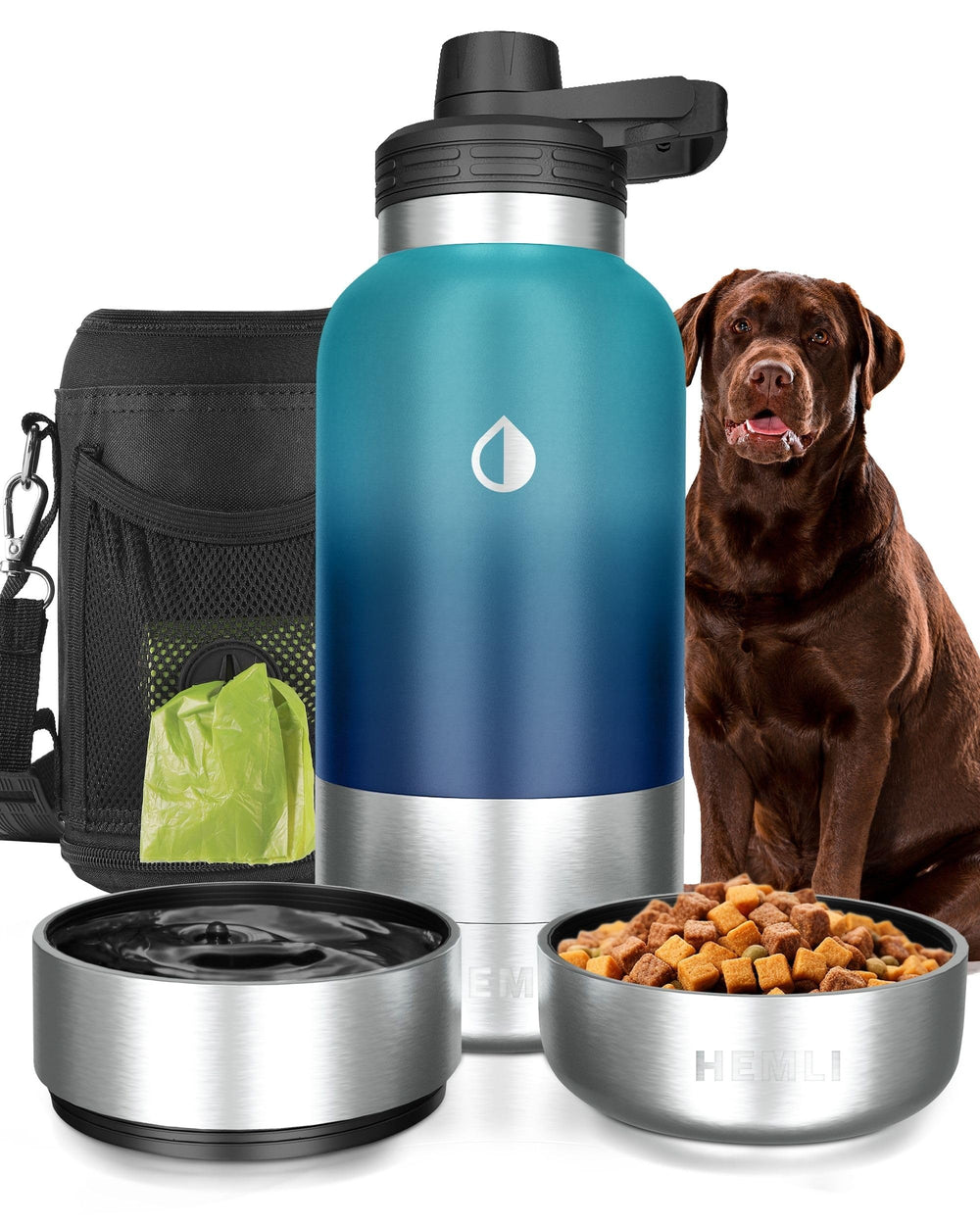 Hemli dog water bottle 32oz front view showing insulated stainless steel for all-day hydration.