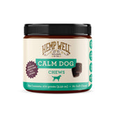 Hemp Well Calm Dog Soft Chews bottle label highlights calming formula for anxious dogs.