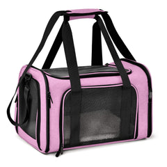 Henkelion airline-approved pet carrier in pink, ready for air travel with small pets.