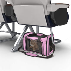 Henkelion pet carrier with mesh-side panels for airflow and pet visibility.