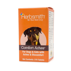 Herbsmith Comfort Aches bottle label showing natural pet pain relief potential