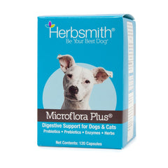 Herbsmith Microflora Plus dog capsules bottle for daily digestion support.