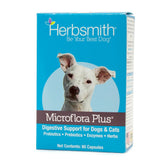 Herbsmith Microflora Plus bottle highlights daily digestion support for dogs.