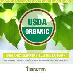Herbsmith slippery elm dispensing scoop demonstrates easy mixing into meals for belly-friendly support.