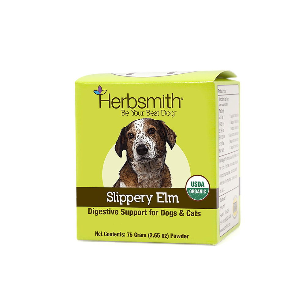 Herbsmith slippery elm powder bottle displays plant-based digestive support for dogs and cats.