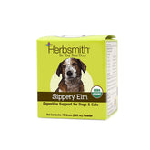 Herbsmith slippery elm powder bottle displays plant-based digestive support for dogs and cats.