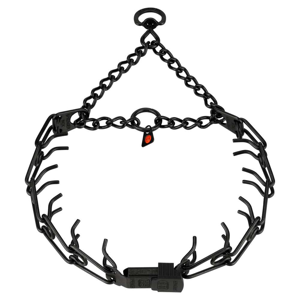 Herm Sprenger black stainless steel dog collar with centered ClicLock buckle for easy on/off training and safe handling