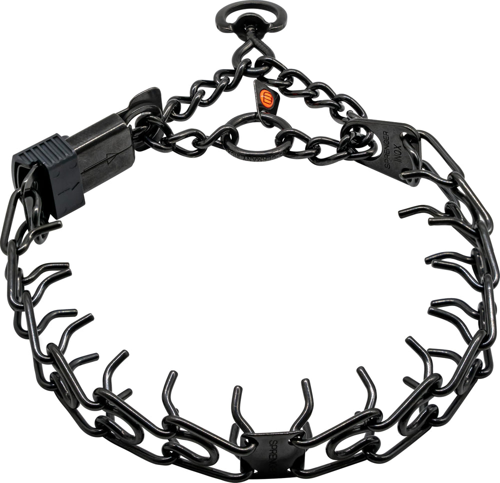 Herm Sprenger black stainless steel dog collar front view shows balanced neck pressure during training