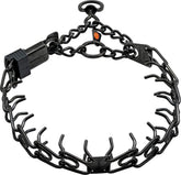 Herm Sprenger black stainless steel dog collar front view shows balanced neck pressure during training