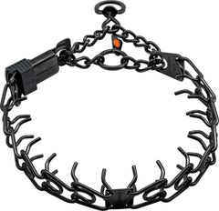 Herm Sprenger black stainless steel dog collar front view shows balanced neck pressure during training