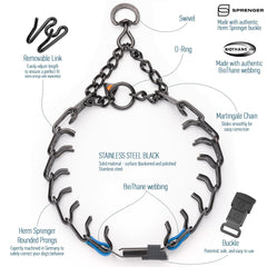 Herm Sprenger click-lock buckle collar shown in cerulean blue for quick on/off.