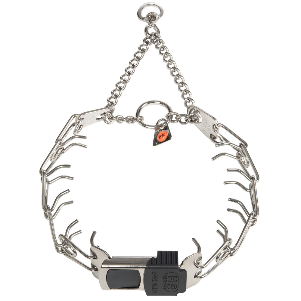 Herm Sprenger dog training prong collar with quick-release buckle aids easy on-off.