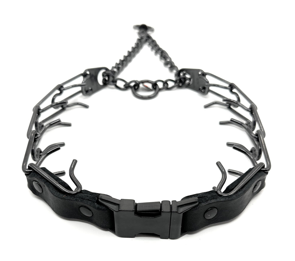 Herm Sprenger prong collar during quick-release buckle setup for easy training sessions.