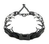 Herm Sprenger prong collar during quick-release buckle setup for easy training sessions.