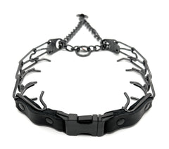 Herm Sprenger prong collar during quick-release buckle setup for easy training sessions.