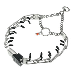 Herm Sprenger prong collar close-up showing quick-release buckle and polished stainless steel