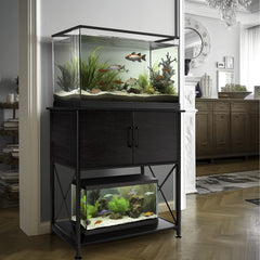 Herture aquarium stand two-level design provides space for fish tank and gear.