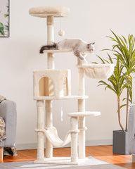 Hey-brother cat tree beige natural sisal posts encourage safe scratching and scent marking.