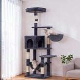 Hey-brother cat tree front view in smoky gray offers multiple lounging levels for indoor cats.