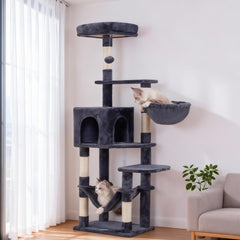 Hey-brother cat tree front view in smoky gray offers multiple lounging levels for indoor cats.
