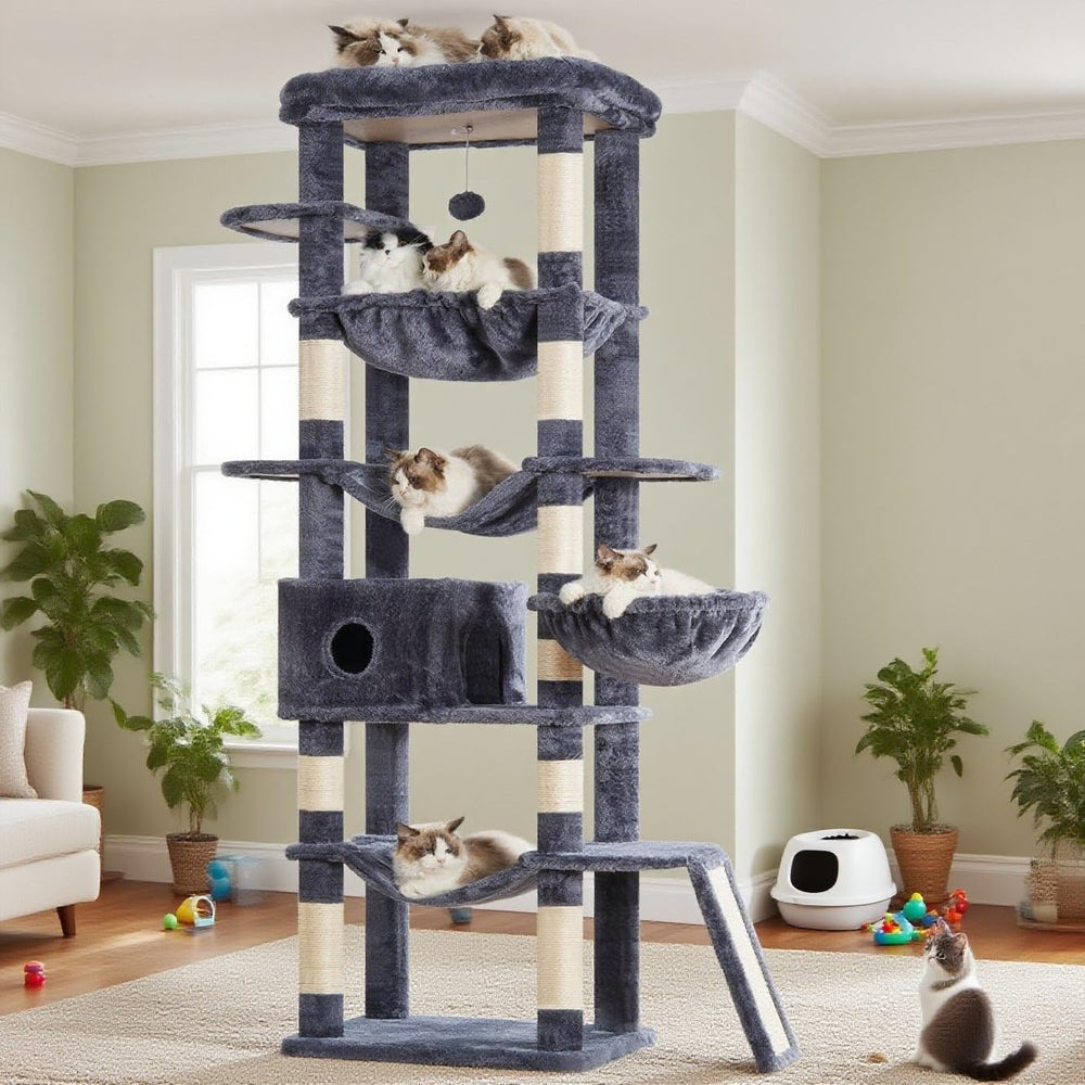Hey-brother cat tree top perch in Smoky Gray provides a roomy lounging spot for relaxed cats.