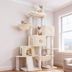 Hey-brother cat tree tower shows step-by-step climbing path for kittens and seniors.
