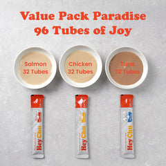 Hey Chu Squeezable Treats chicken tube close-up suggests high-protein taste.