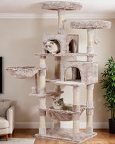 Heybly cat tree 70in top perch—soft, spacious resting spot for large cats.
