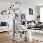 Heybly cat tree light gray top perch shows spacious resting area for cats