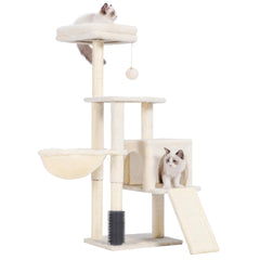 Heybly cat tree with self-groomer brush provides gentle massage and helps collect loose fur.