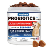 HEYISME Probiotics for Dogs bottle front highlights bacon-flavored chews for digestive balance.