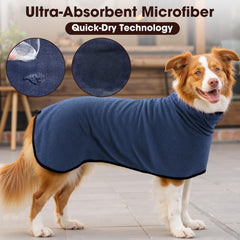 HezzLuv dog bathrobe with reinforced overlock stitching for durability.