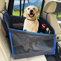 H HOH-Tech Back Seat Extender with safety strap secures dogs on car trips.
