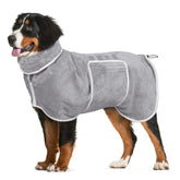 HhiMyOct dog bathrobe grey front view demonstrates quick-drying comfort.