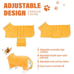 HhiMyOct dog robe with adjustable neck and waist demonstrates customizable fit.