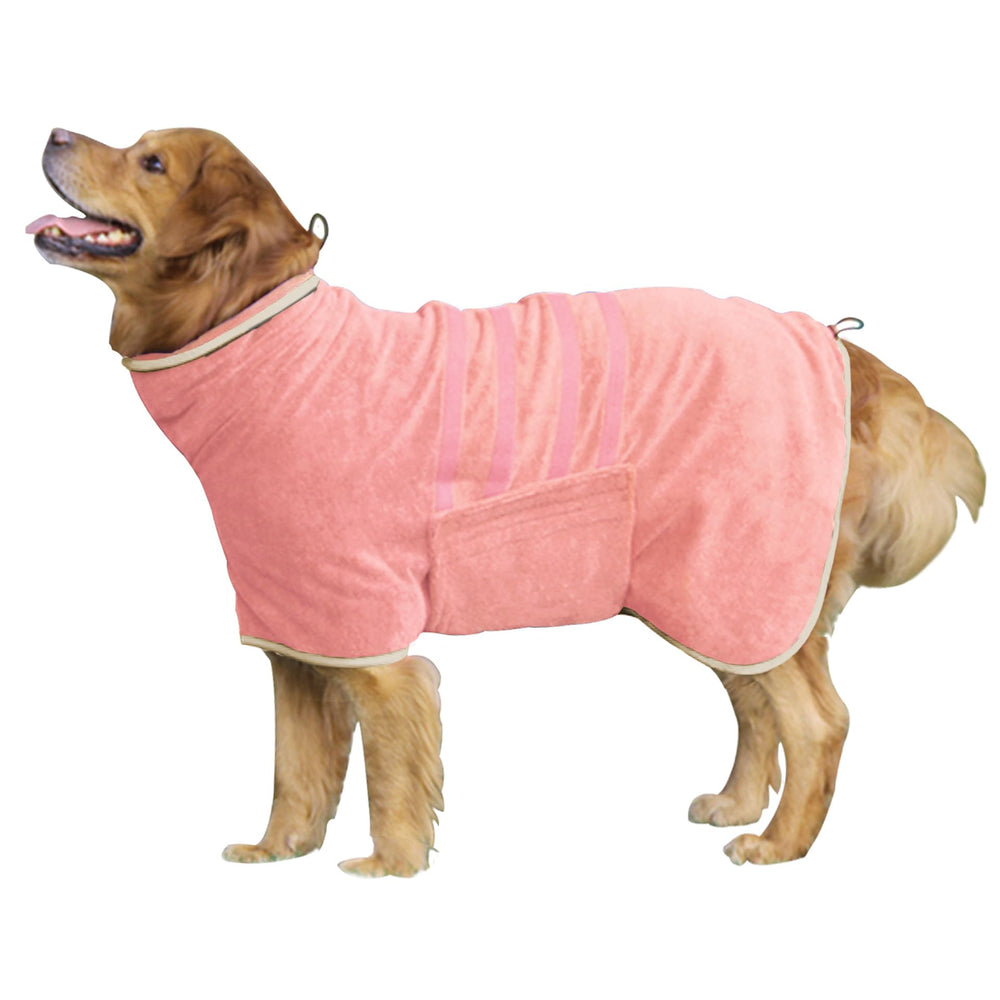 HhiMyOct dog robe pink small close-up shows quick-dry microfiber.