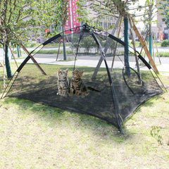 HI SUYI portable large pop-up cat tent in setup with pull-string for quick outdoor use