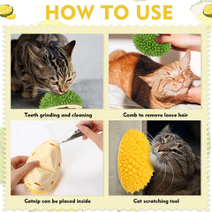 Hiboom cat grooming massage comb feature close-up highlights self-grooming and stress-free pet care possibilities