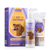 HICC PET dog ear cleaner bottle showing deep cleaning and odor control benefits